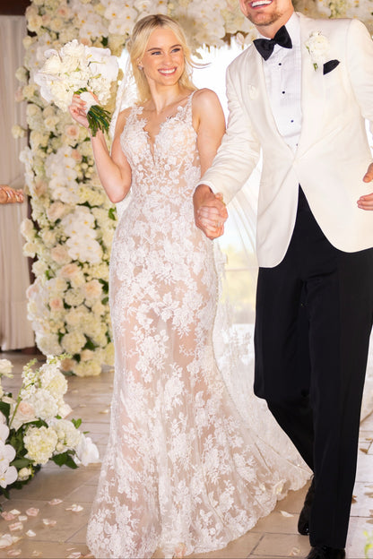 Floral Lace Wedding Dress with Illusion Mesh Bodice