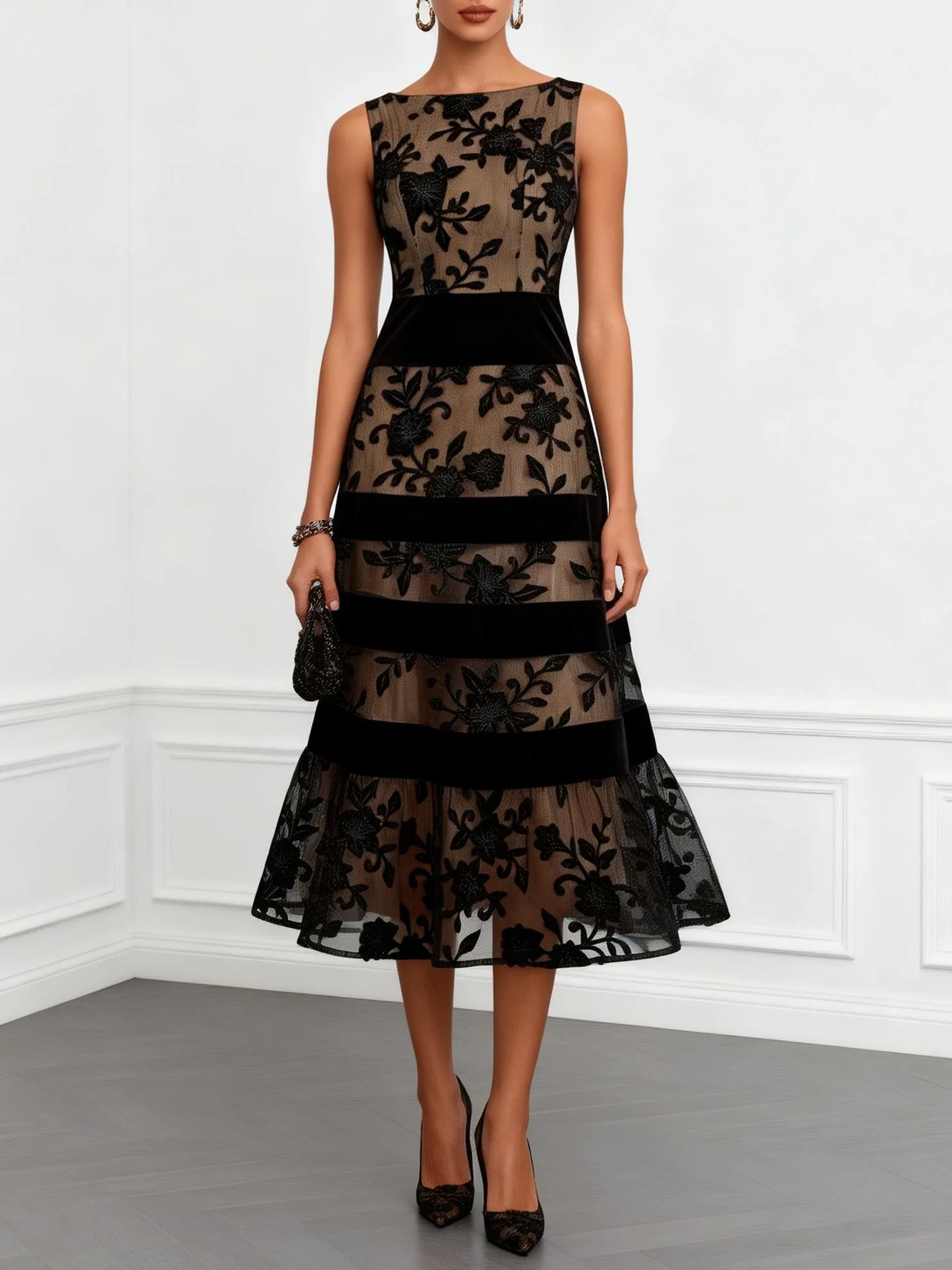 Floral Illusion A-Line Midi Dress