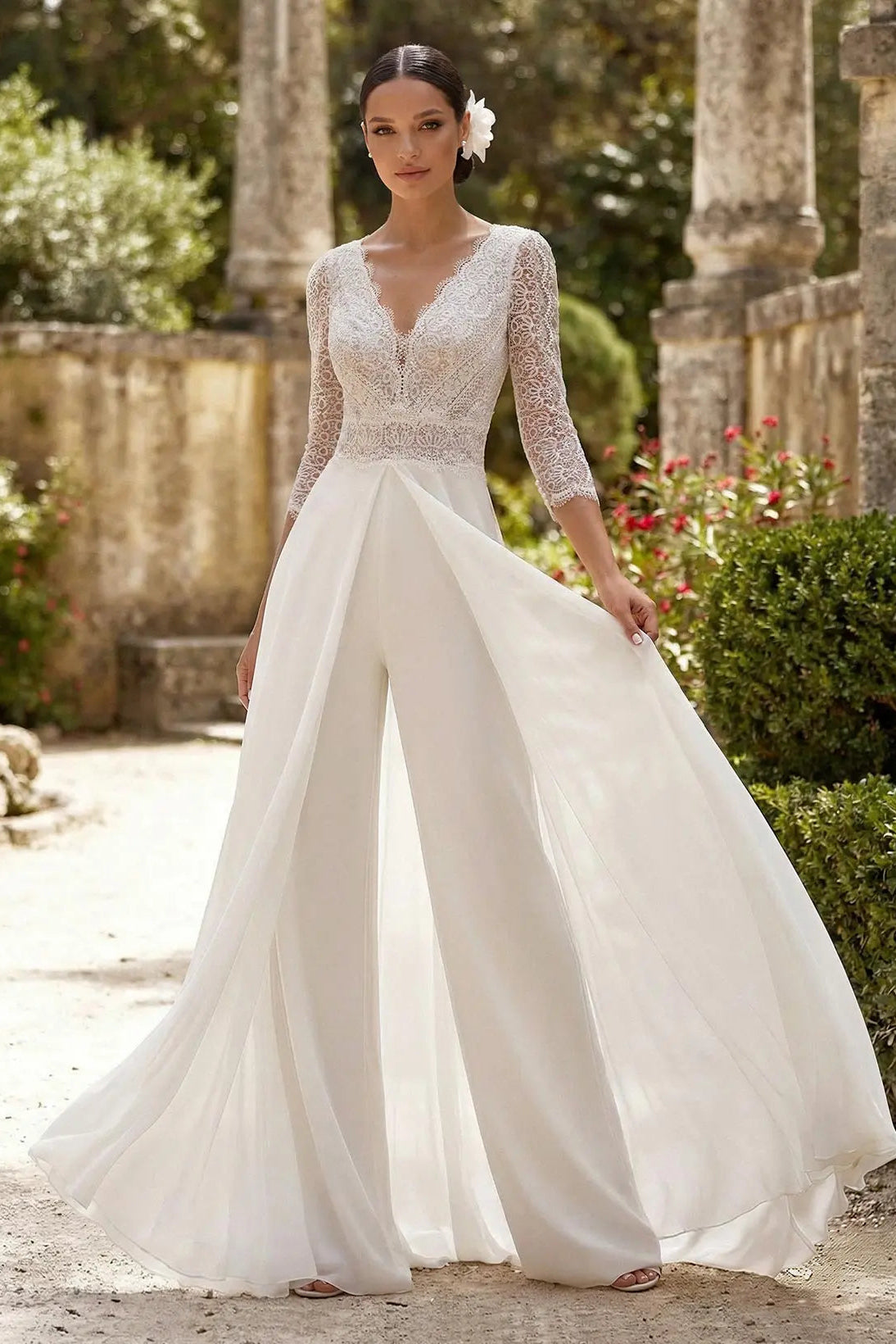 Lace V-Neck Bridal Jumpsuit with Overskirt