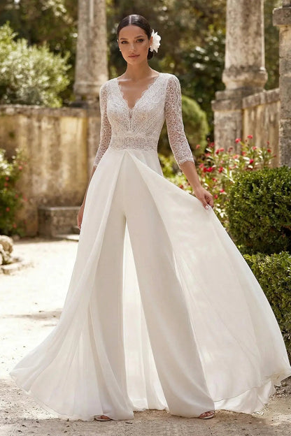 Lace V-Neck Bridal Jumpsuit with Overskirt