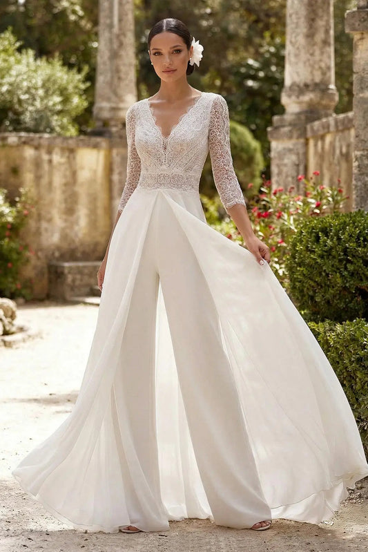 Lace V-Neck Bridal Jumpsuit with Overskirt