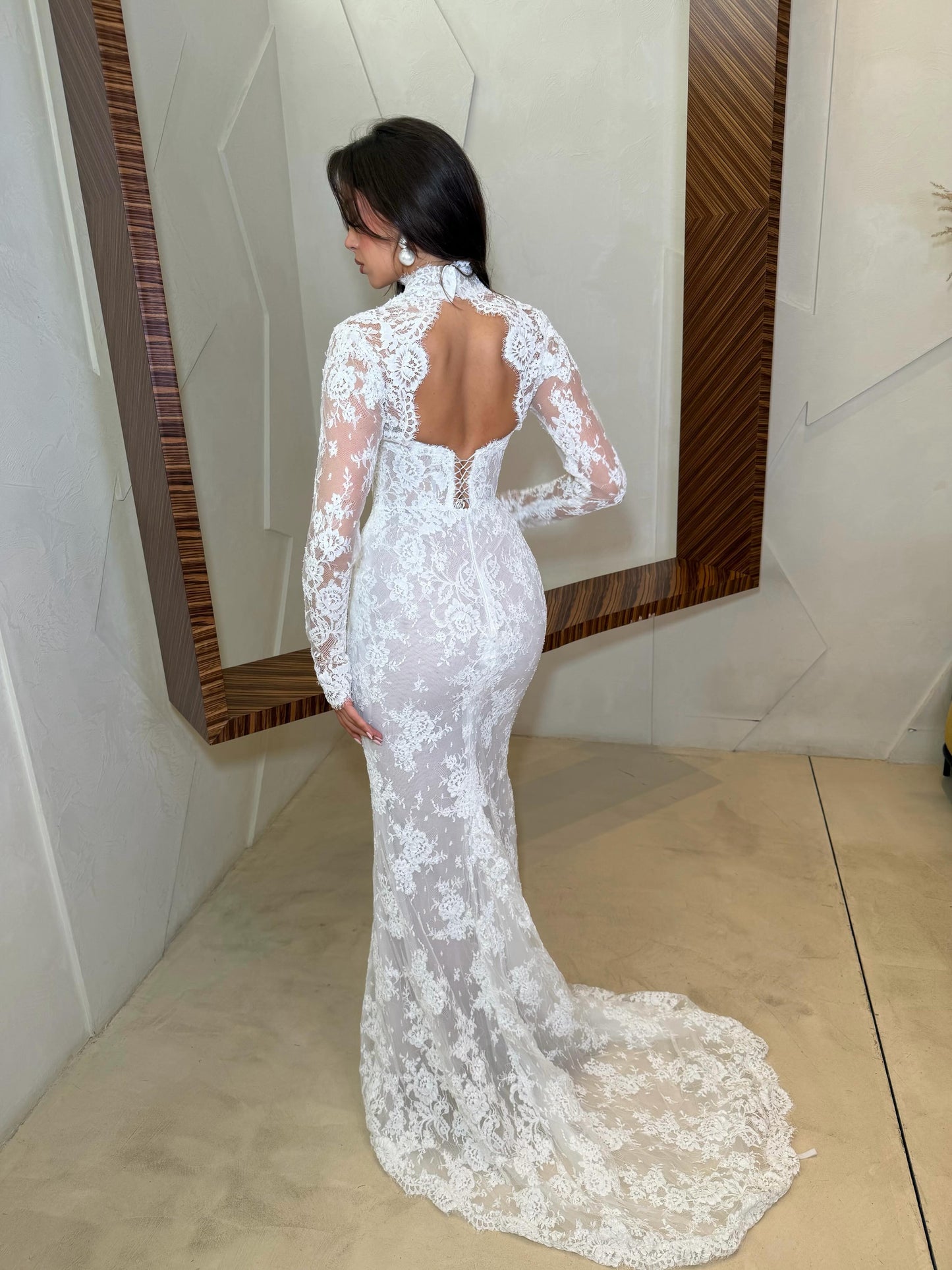 High Neck Long Sleeve Lace Mermaid Wedding Dress