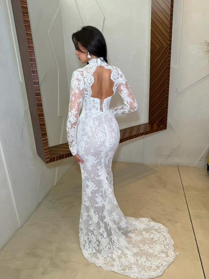 High Neck Long Sleeve Lace Mermaid Wedding Dress
