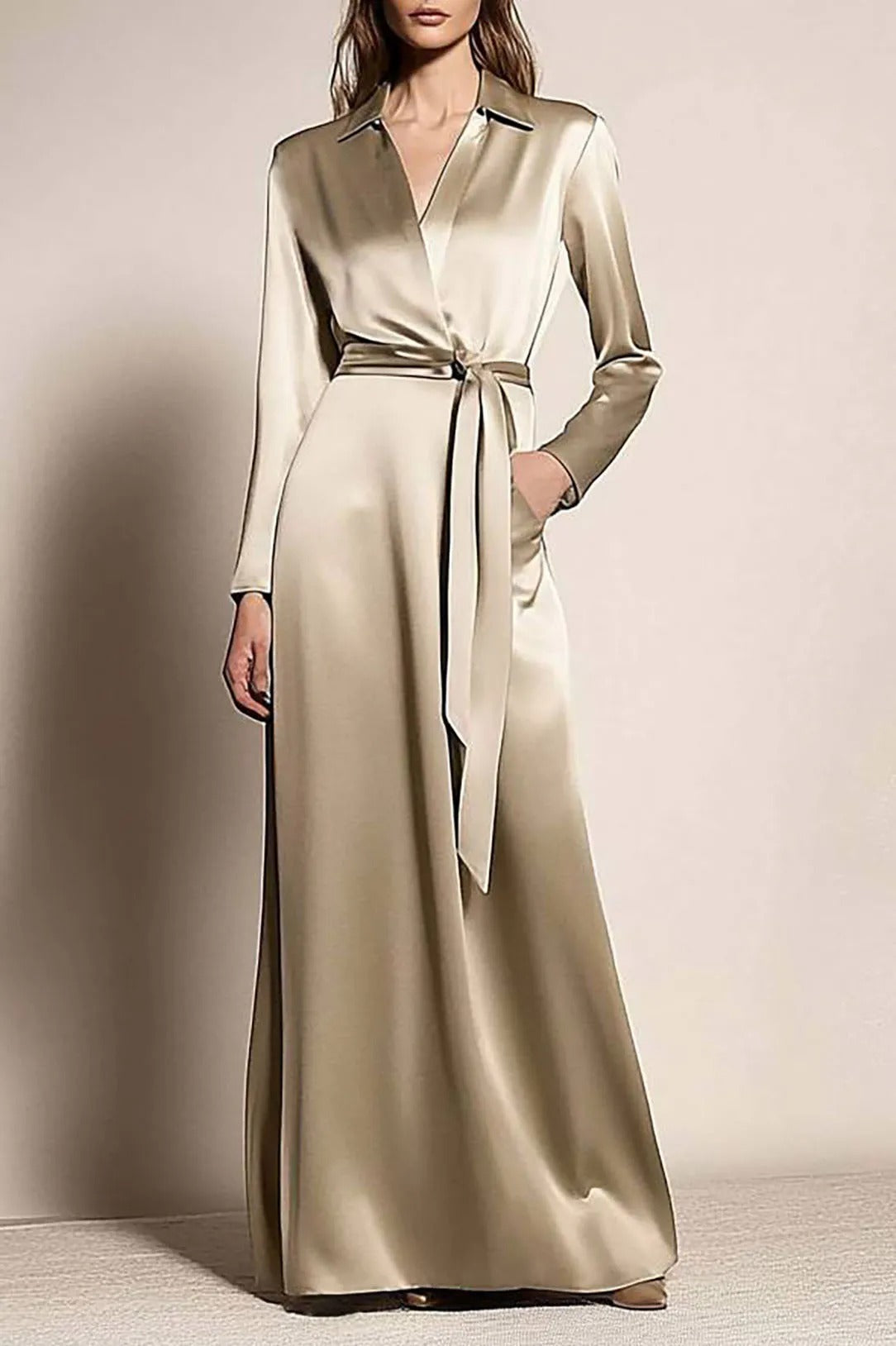 Long Sleeve Satin Wrap Gown with Collar
