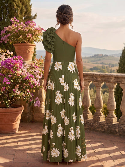 One-Shoulder Ruffle Floral Pleated Maxi Dress