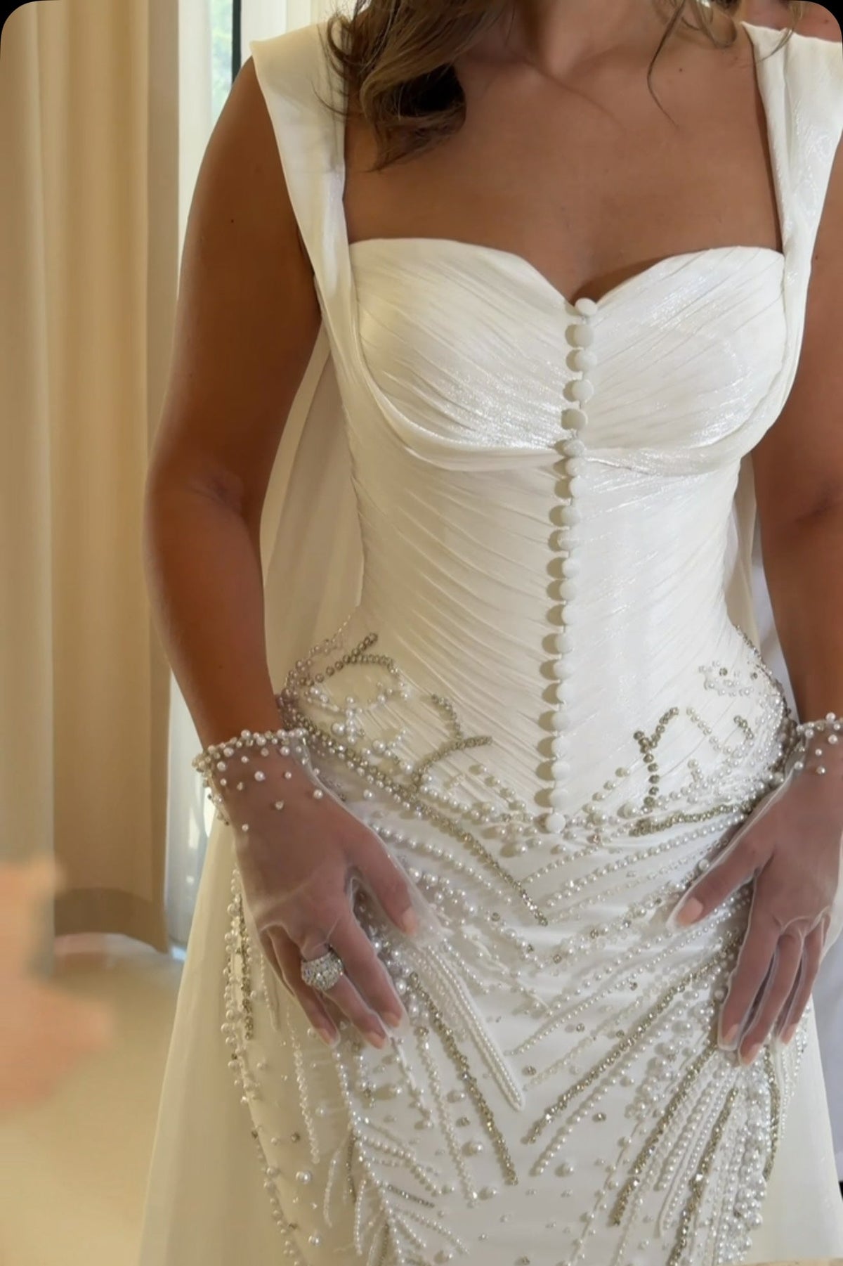 Pearl-Embellished Ruched Corset Mermaid Wedding Gown