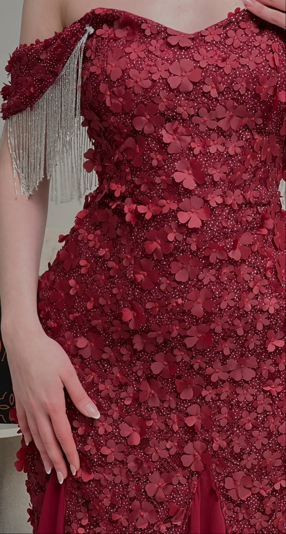 3D Floral Off-the-Shoulder Gown with Fringe