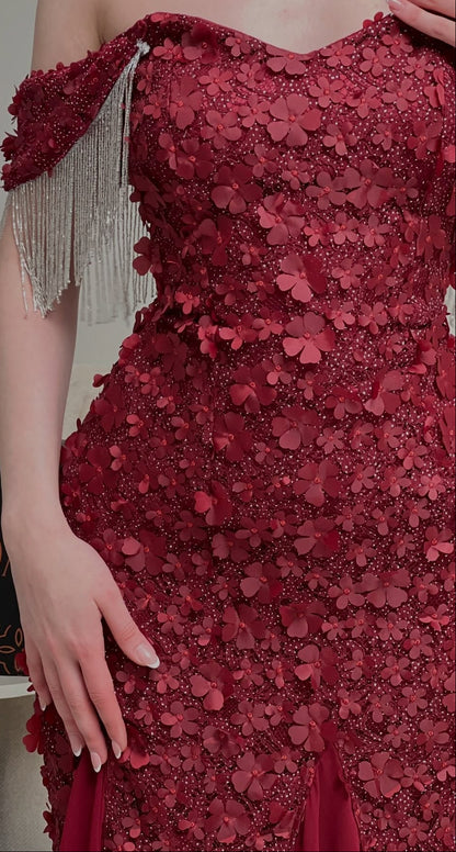 3D Floral Off-the-Shoulder Gown with Fringe