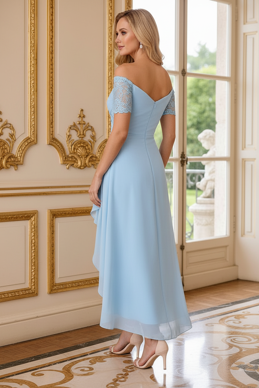 Off-the-Shoulder Lace Sleeve High-Low Dress