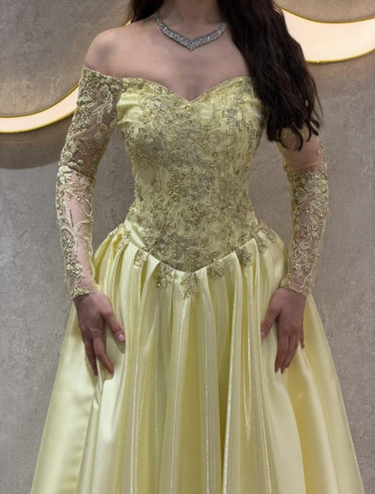 Off-the-Shoulder Lace Ball Gown with Long Sleeves