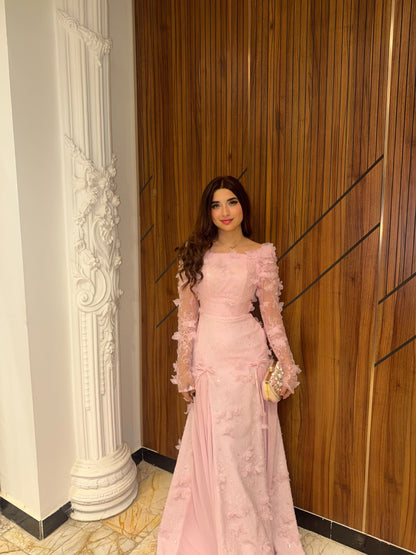 3D Floral Applique Long Sleeve Evening Gown