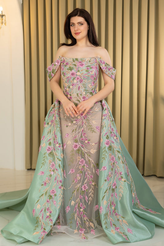 Floral Embroidered Gown with Detachable Overskirt
