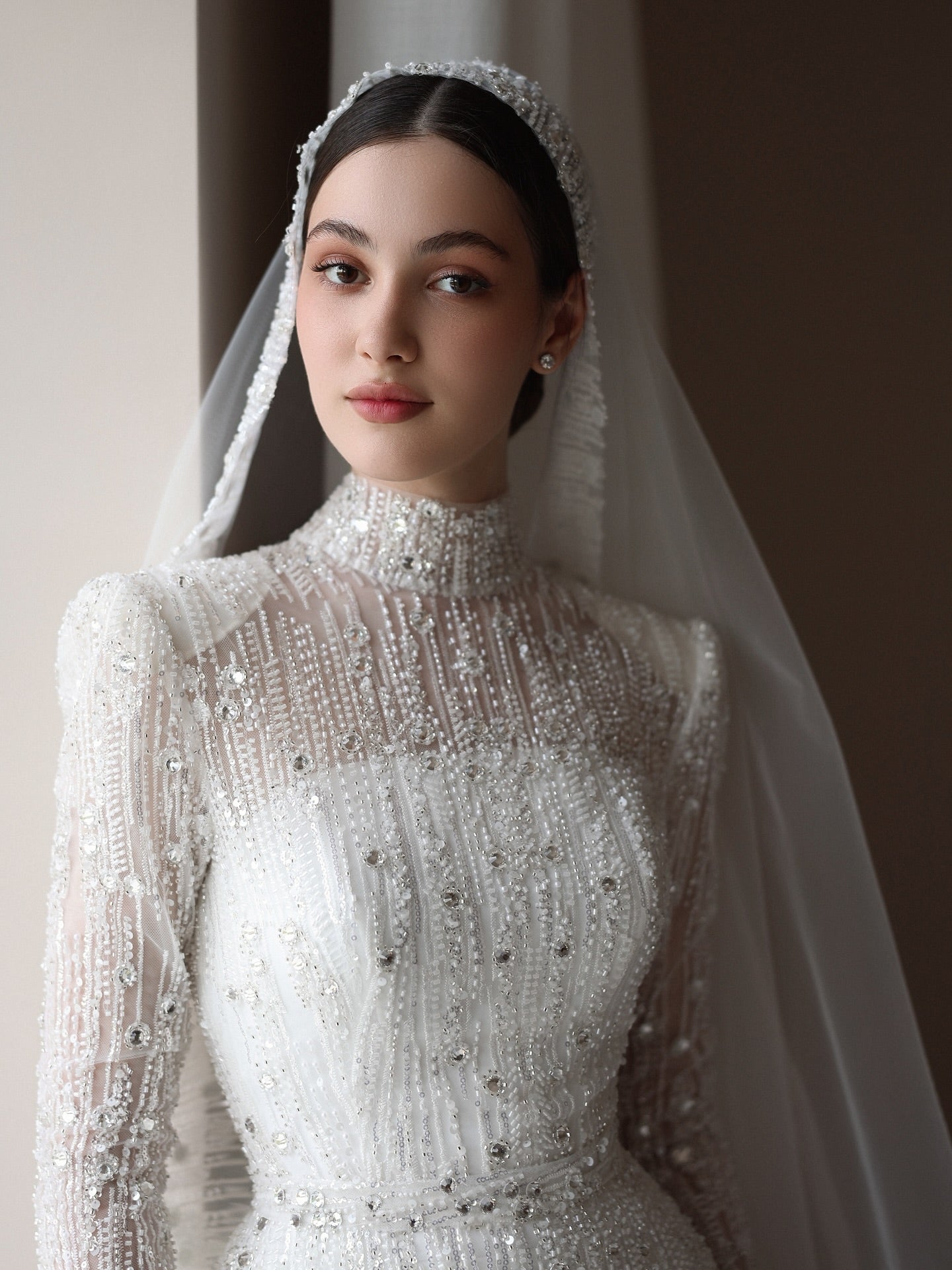 High Neck Beaded Long Sleeve Wedding Dress with Train