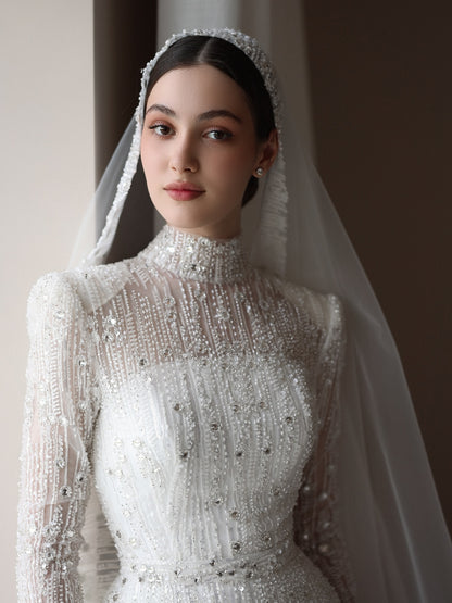 High Neck Beaded Long Sleeve Wedding Dress with Train