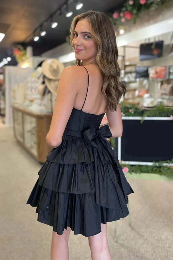 Spaghetti Strap Tiered Corset Mini Dress with Back Bow