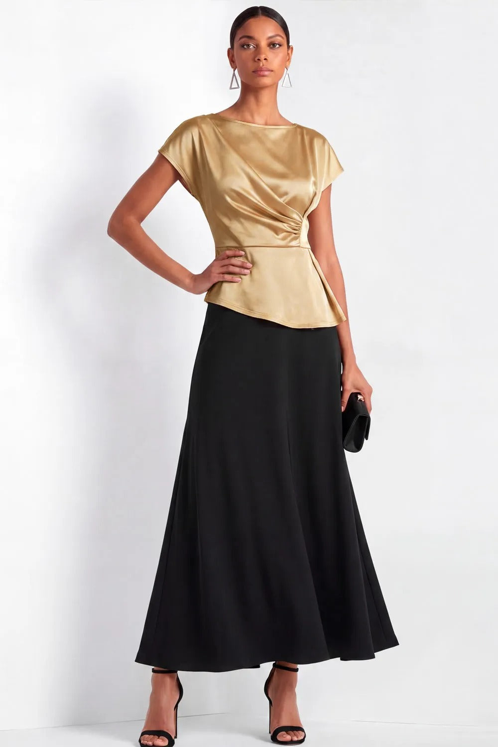 Satin Draped Peplum A-Line Maxi Dress