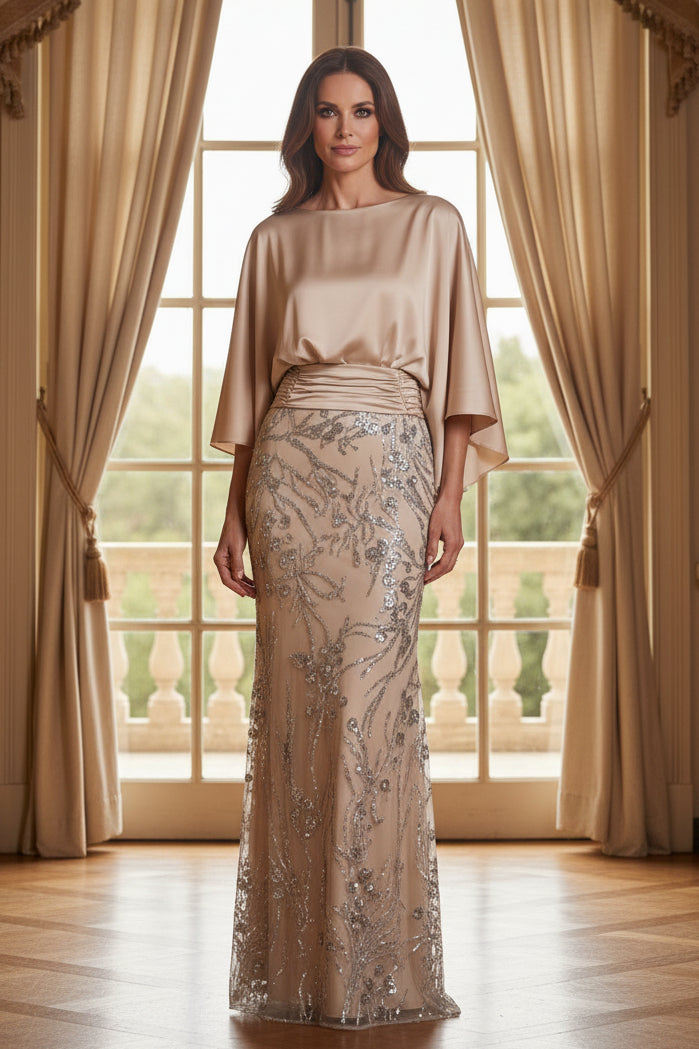 Batwing Sleeve Sequin Floor-Length Evening Dress