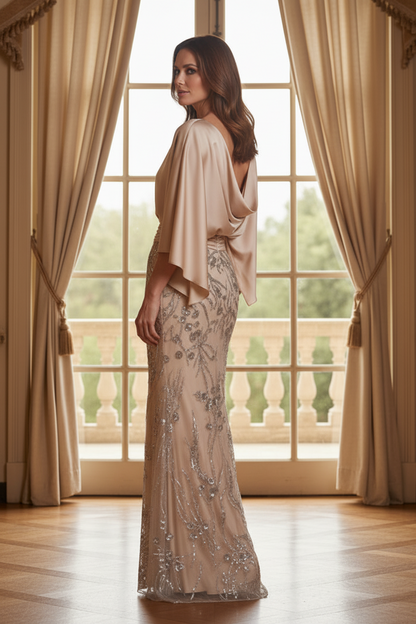 Batwing Sleeve Sequin Floor-Length Evening Dress