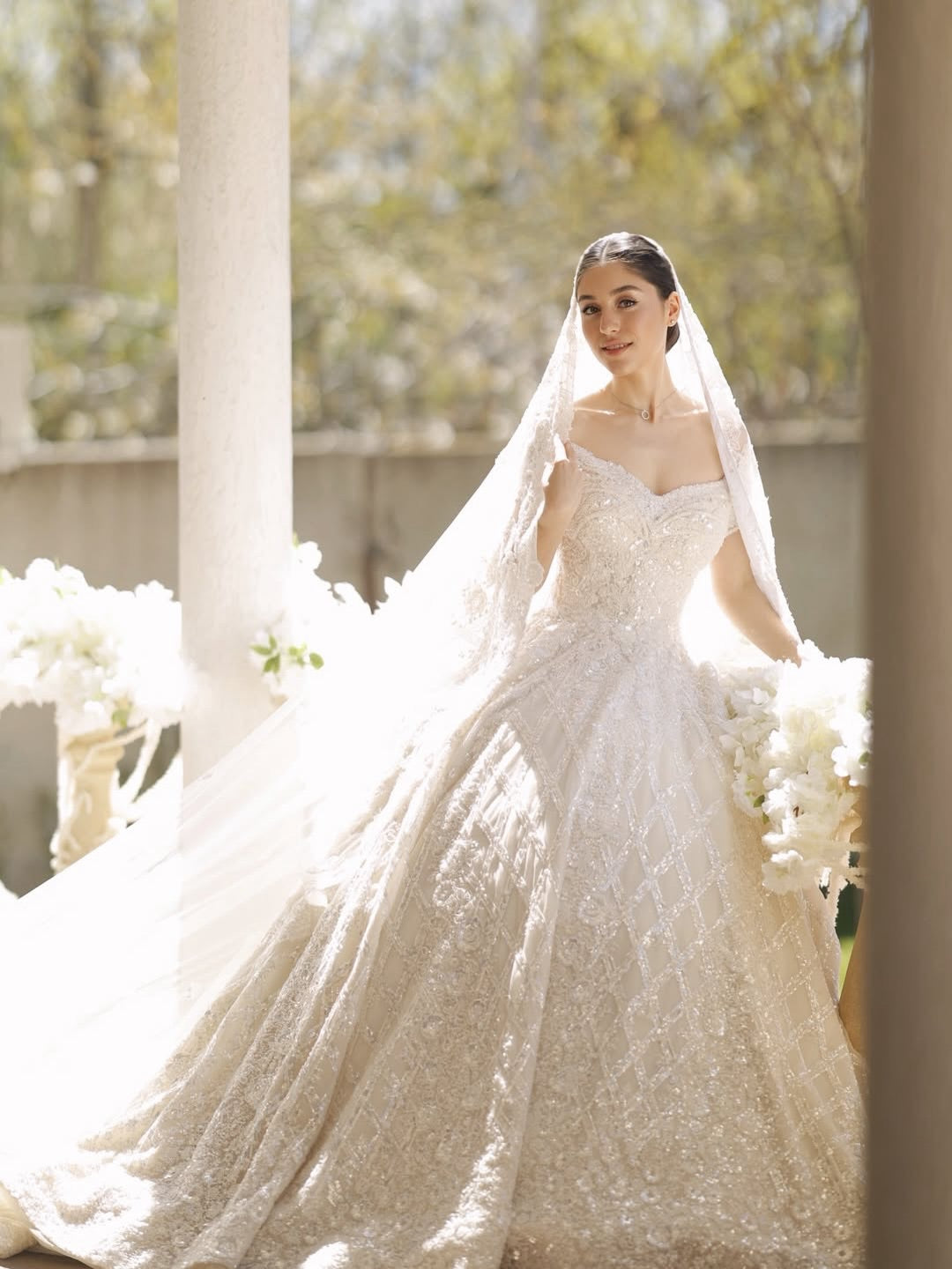 Off-the-Shoulder Sparkly Ball Gown Wedding Dress