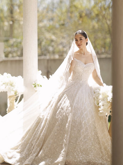 Off-the-Shoulder Sparkly Ball Gown Wedding Dress