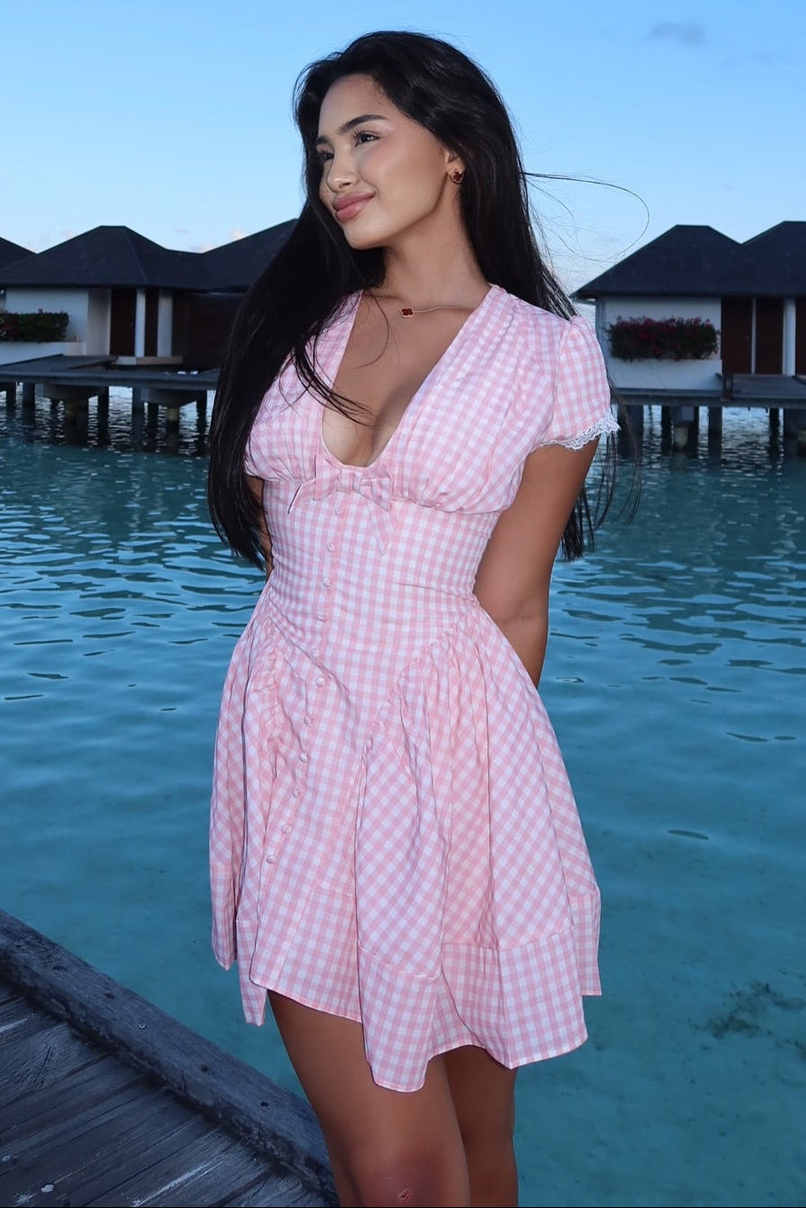 Gingham Plunge Neck Cap Sleeve Mini Dress
