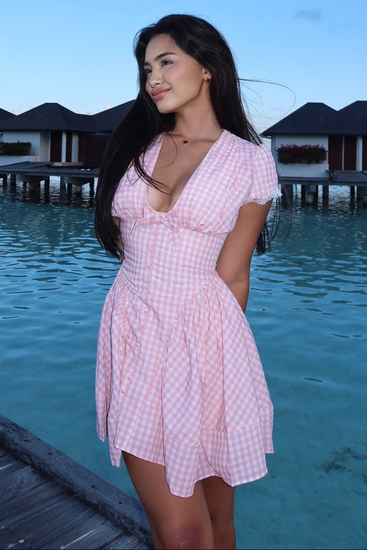 Gingham Plunge Neck Cap Sleeve Mini Dress