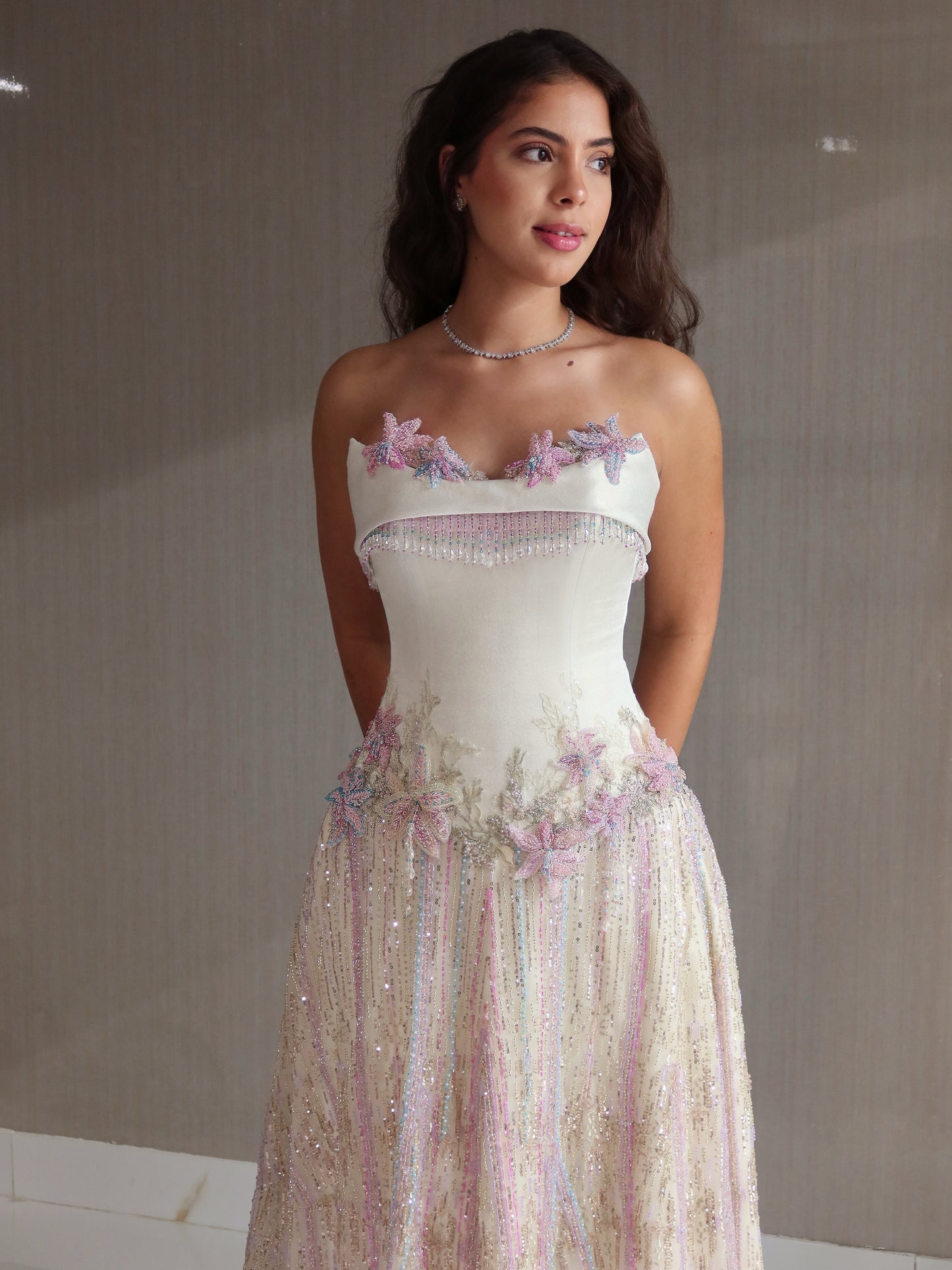 Strapless Floral Beaded A-Line Evening Gown