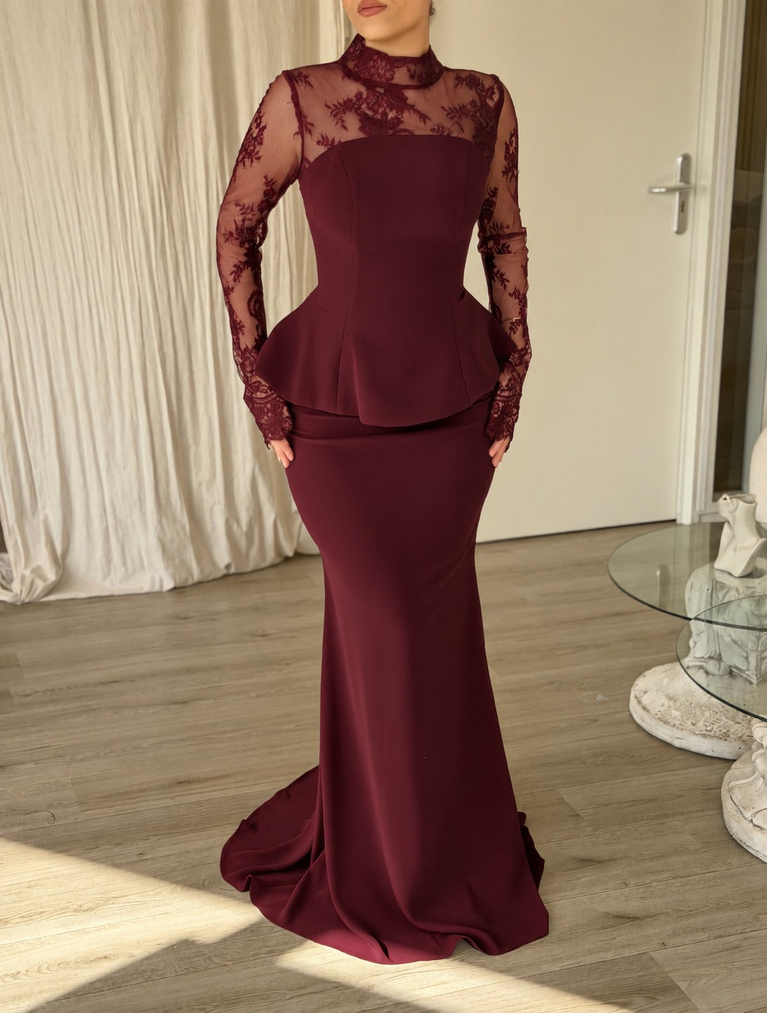 Lace Illusion High Neck Peplum Mermaid Gown