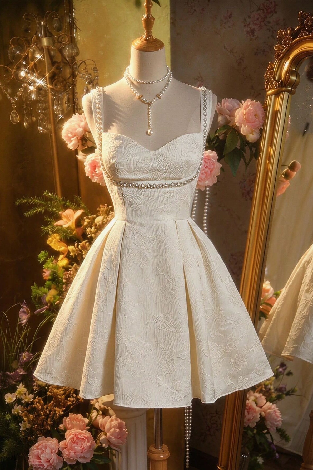 Sweetheart Jacquard A-Line Mini Dress with Pearls