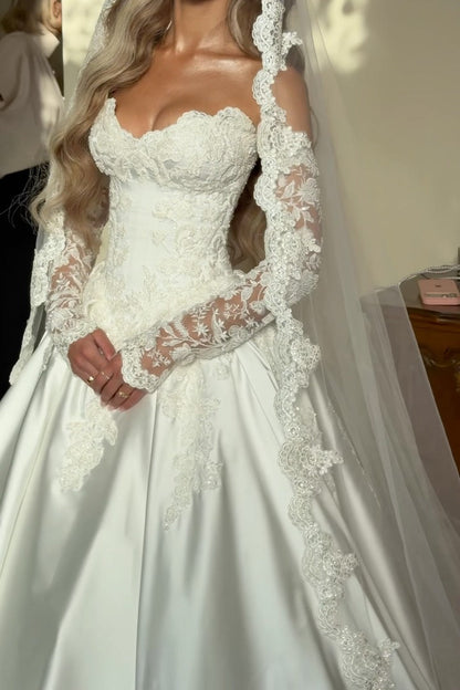Lace Applique Long Sleeve Satin Ball Gown Wedding Dress