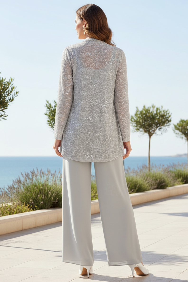 Silver Sequin Three-Piece Mother of the Bride Pantsuit with Chiffon Wide-Leg Trousers