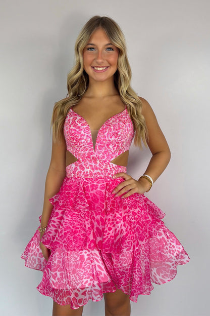 Tiered Animal Print Cut-Out Mini Dress