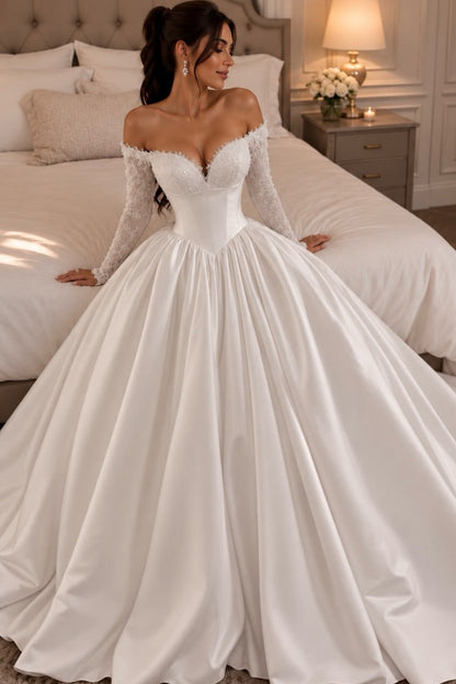 Off-Shoulder Long Sleeve Corset Ball Gown Dress