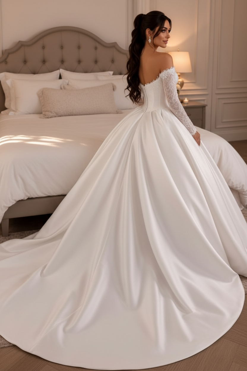 Off-Shoulder Long Sleeve Corset Ball Gown Dress