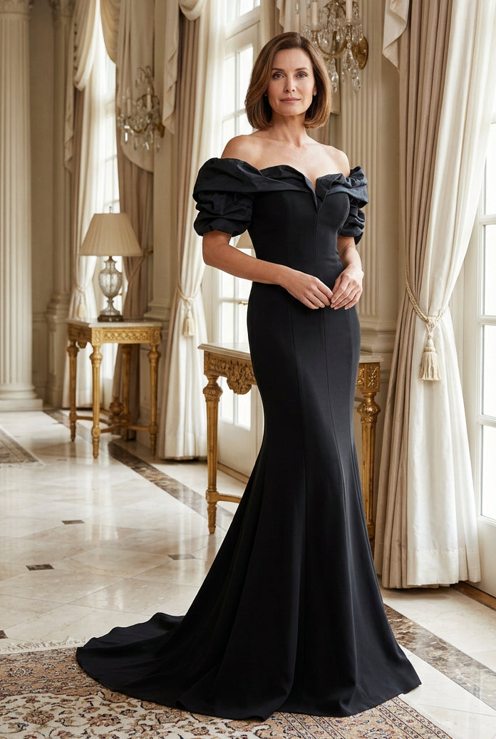 Off-the-Shoulder Mermaid Gown with Puffed Sleeves