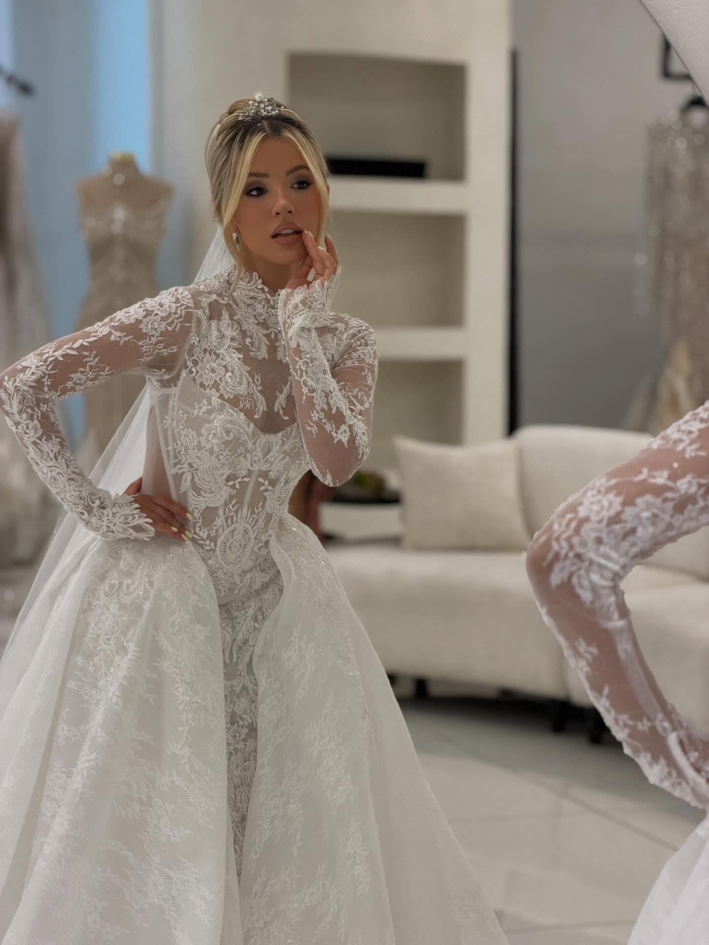 Lace High Neck Wedding Dress with Train