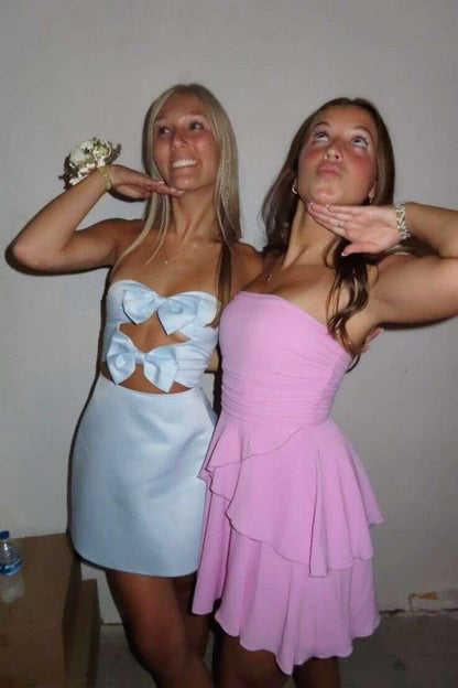 Strapless Double Bow Cut-Out Satin Mini Dress