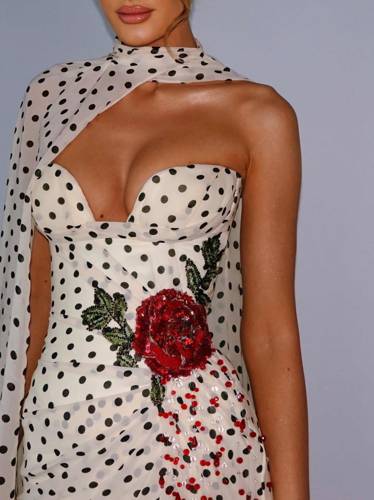 Polka Dot Gown with Floral Applique and Cape