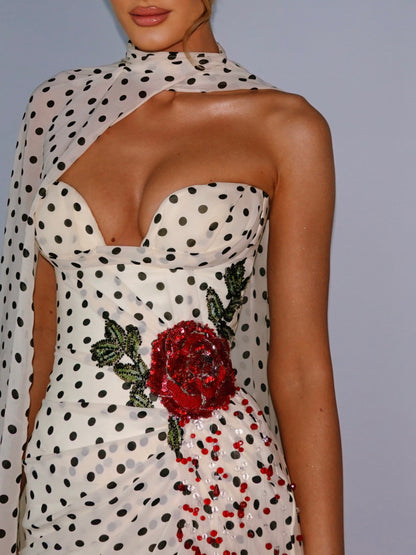 Polka Dot Gown with Floral Applique and Cape