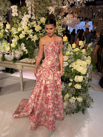 One-Shoulder Floral Brocade Evening Gown