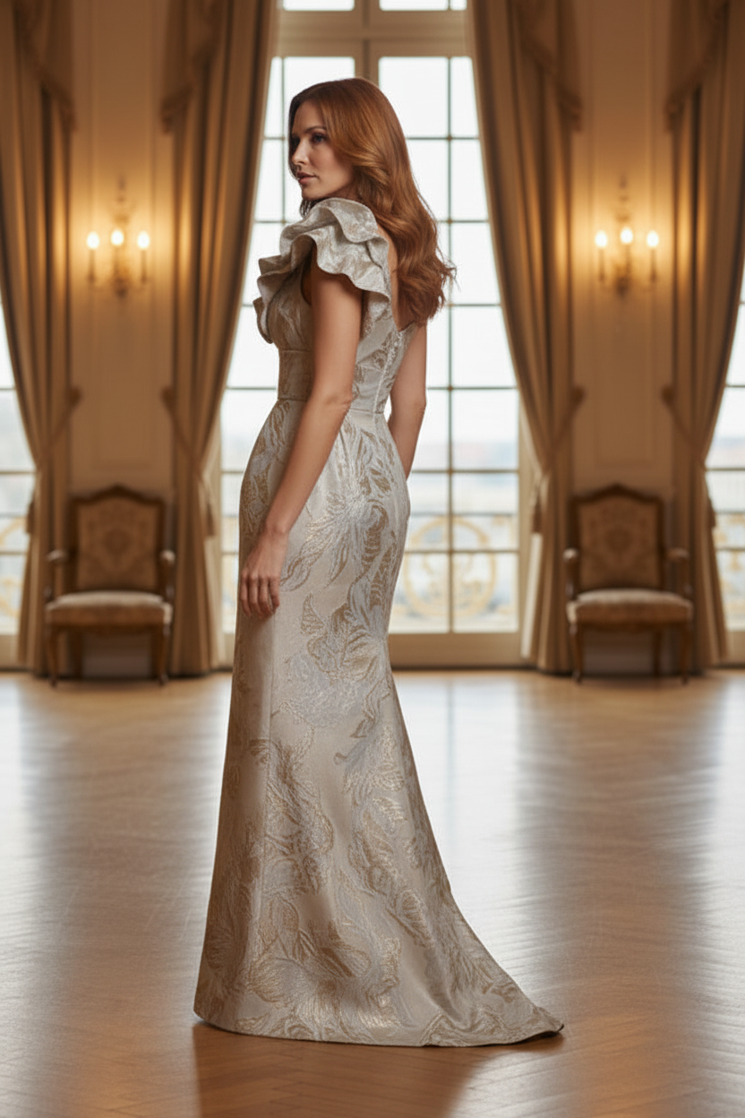 Ruffle-Shoulder Jacquard Deep V-Neck Column Gown