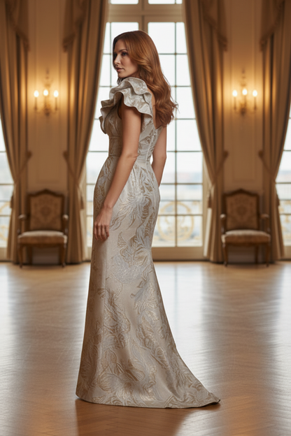 Ruffle-Shoulder Jacquard Deep V-Neck Column Gown