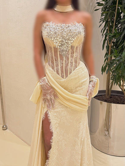Corset Lace Mermaid Evening Gown with Scarf