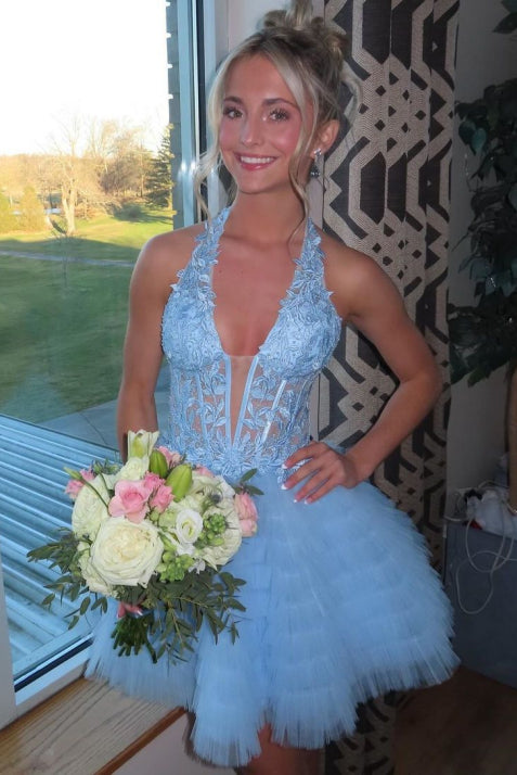 Halter Corset Tiered Tulle Short Homecoming Dress