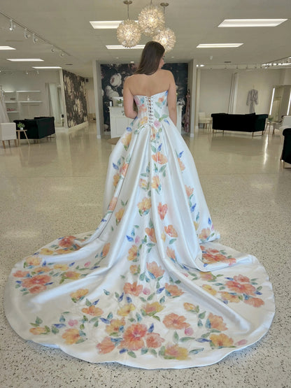 Floral Print Strapless Corset Ball Gown Wedding Dress