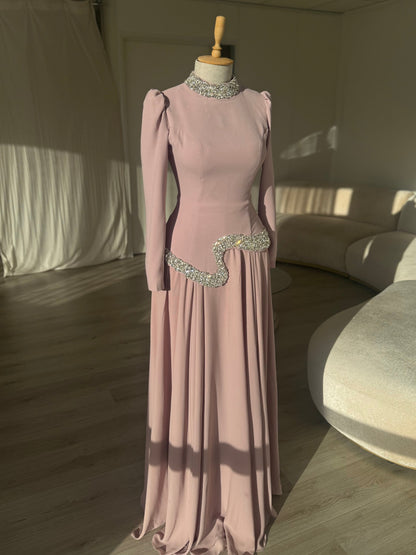 High Neck Long Sleeve Evening Gown with Crystal Trim