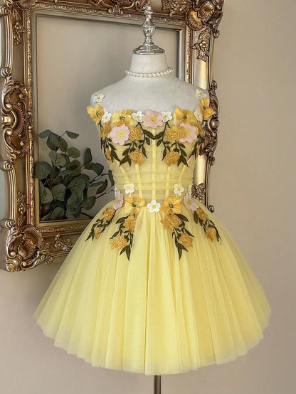 A-Line Corset Tulle Dress with 3D Flowers