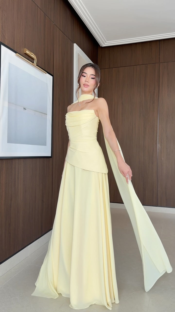 Strapless A-Line Gown with Neck Scarf