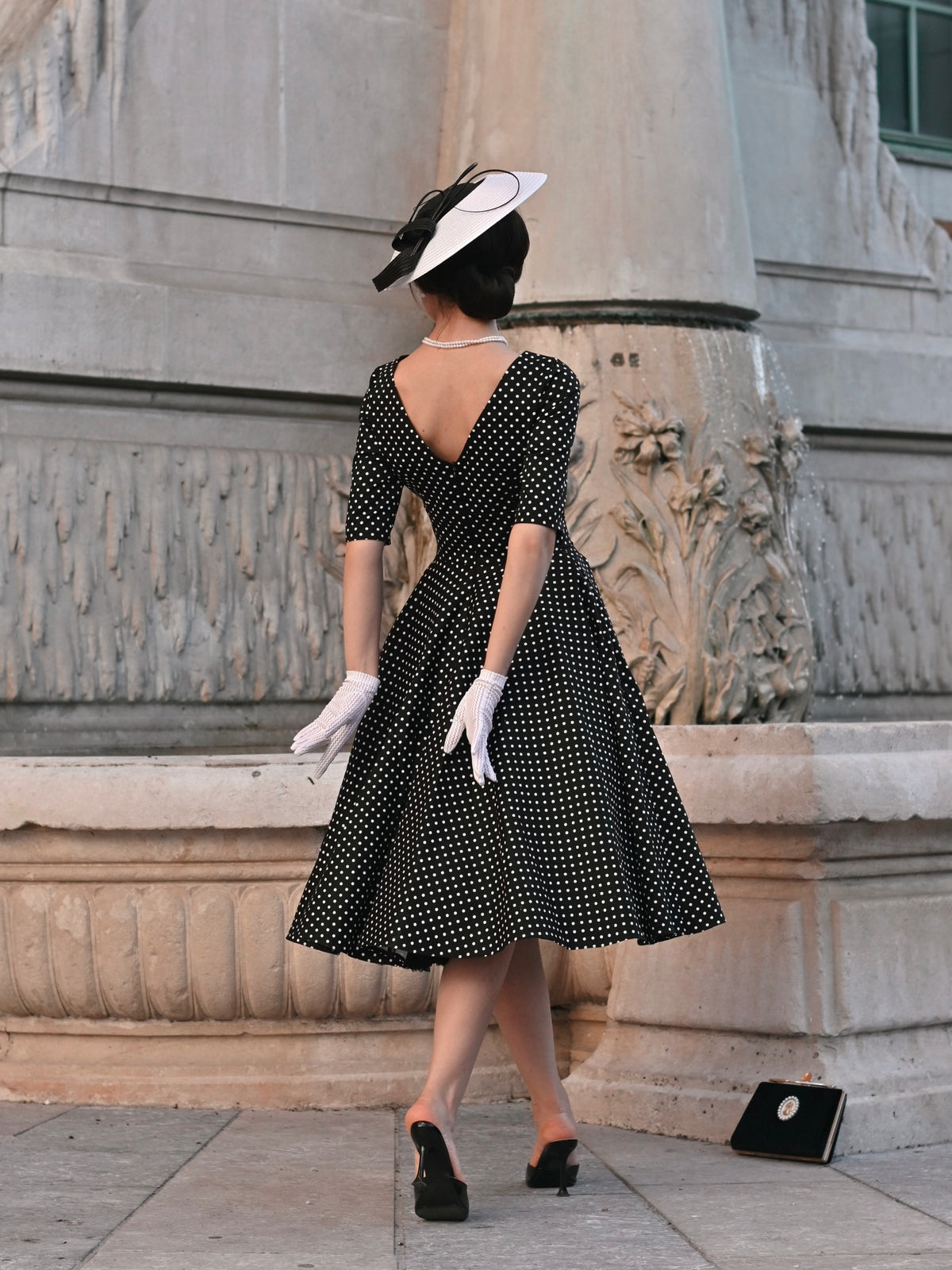 Polka Dot Midi Dress with Elbow Sleeves & V-Back