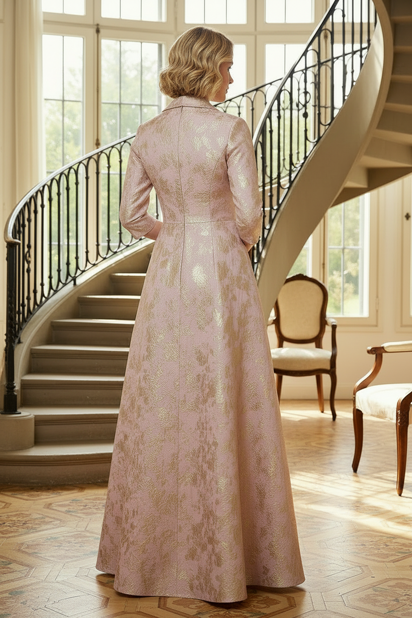 Metallic Jacquard A-Line Evening Gown with 3/4 Sleeves